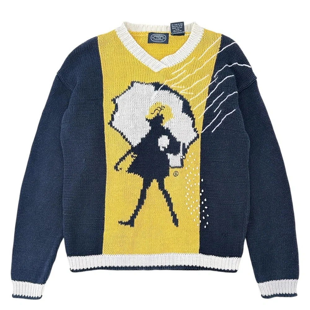 RARE Vintage Blue Yellow Cotton Knit Morton Salt Logo V-Neck Sweater sz S - Picture 1 of 7
